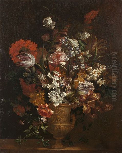 Bouquet De Fleurs Sur Un Entablement Oil Painting by Antoine Monnoyer