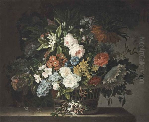 Roses, Parrot Tulips, Carnations, Lilies And Other Flowers In A Wicker Basket On A Stone Ledge Oil Painting by Antoine Monnoyer