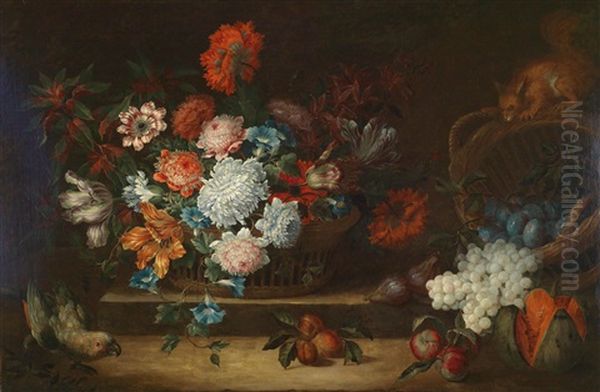 Ein Blumenstillleben Mit Obst, Einem Papagei Und Eichhornchen Oil Painting by Antoine Monnoyer