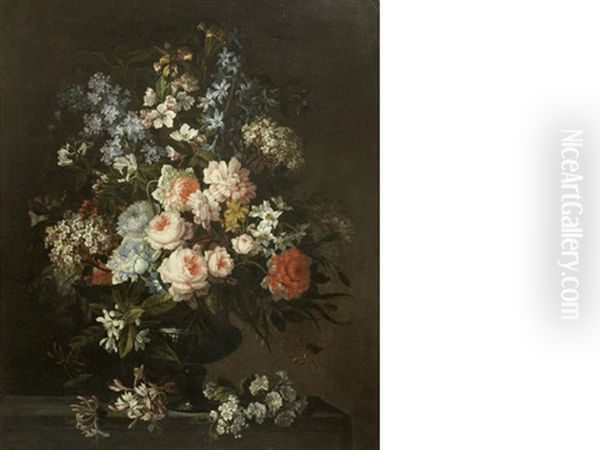 Roses, Carnations, Honeysuckle, Apple Blossom And Other Flowers In A Glass Vase On A Stone Ledge Oil Painting by Antoine Monnoyer