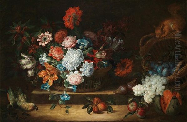 Ein Blumenstillleben Mit Obst, Papagei Und Eichhornchen Oil Painting by Antoine Monnoyer