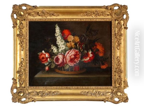 Bouquet De Fleurs Sur Un Entablement (pair) Oil Painting by Antoine Monnoyer