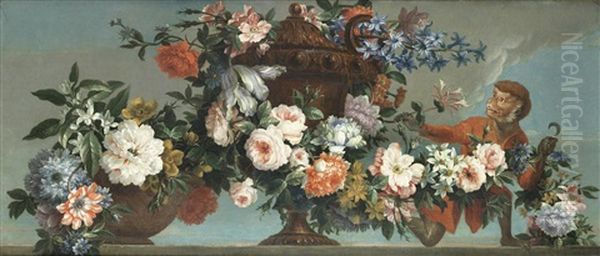 Hyacinthes, Roses, Chrysanthemums And Narcissi In A Terracotta Vase On A Stone Ledge, With A Monkey Oil Painting by Antoine Monnoyer