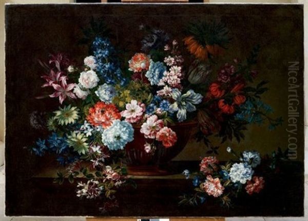 Bouquet De Lys Et Autres Fleurs Dans Un Vase De Porphyre Sur Un Entablement Oil Painting by Antoine Monnoyer