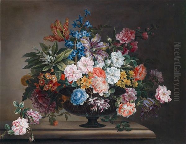 Ein Blumenstillleben In Einer Glasvase Auf Einem Steinsockel Oil Painting by Antoine Monnoyer