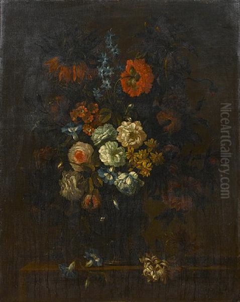 Roses, Chrysanthemums, Convolvulus, And Other Flowers In A Glass Vase Oil Painting by Antoine Monnoyer