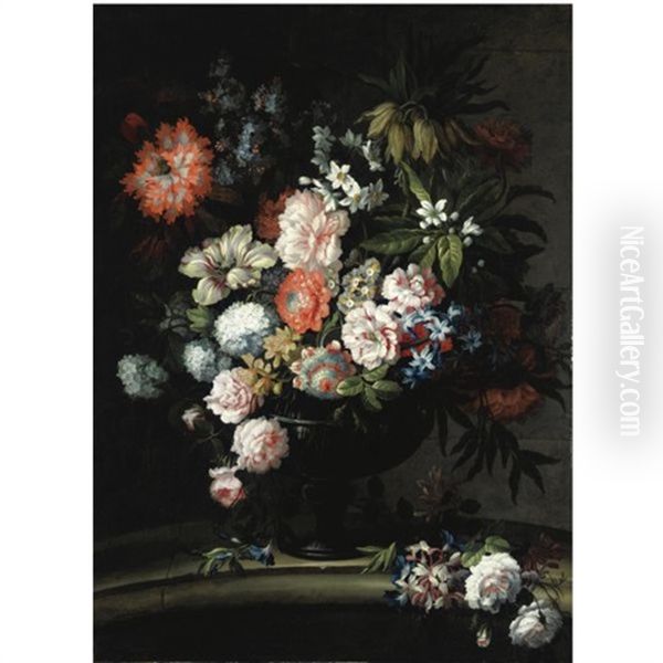 Natura Morta Con Rose Centifolia, Peonie, Anemoni, Lilla E Papavero In Un Vaso Oil Painting by Antoine Monnoyer