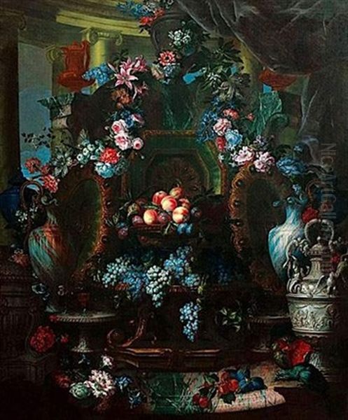 Nature Morte De Pieces D'orfevrerie, Plats De Raisins Et Peches, Guirlandes De Fleurs Oil Painting by Antoine Monnoyer