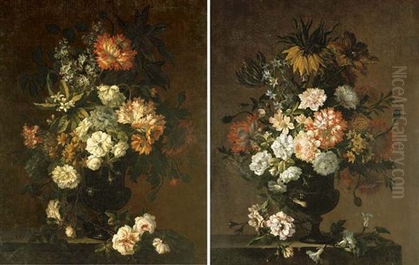 Tulips, Roses, Carnations, Anemone, Lilac And Orange Blossom In A Glass Urn With A Spray Of Roses On A Stone Ledge (+ Tulips, Anemone, Roses And Other Flowers In A Glass Urn; Pair) Oil Painting by Antoine Monnoyer