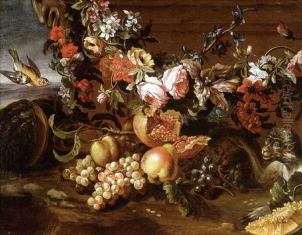 Nature Morte A La Guirlande De Fleurs, Melon Et Singe Oil Painting by Antoine Monnoyer