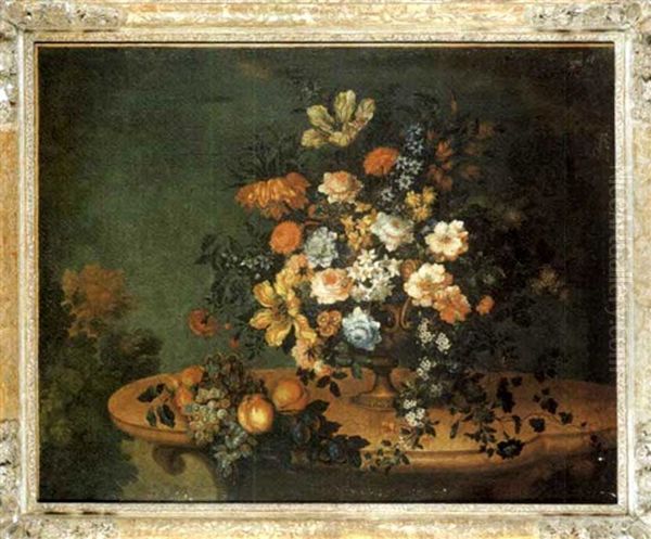 Fleurs Dans Un Vase En Metal Et Fruits Sur Une Console En Pierre Oil Painting by Antoine Monnoyer