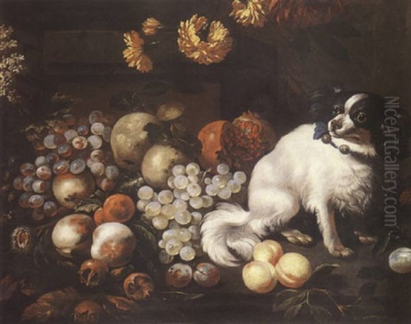 Nature Morte De Raisins, Peches Et Chien by Antoine Monnoyer