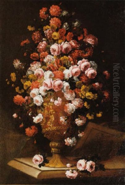 Fleurs Sur Un Entablement De Pierre Oil Painting by Antoine Monnoyer