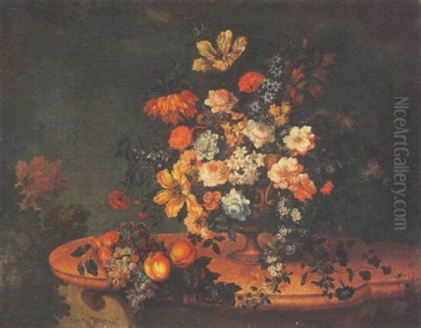 Fleurs Dans Un Vase En Metal Et Fruits Sur Une Console En Pierre Oil Painting by Antoine Monnoyer