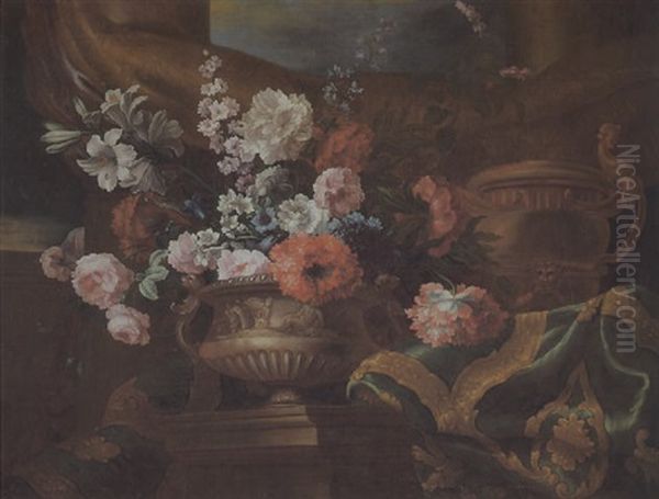 Figural Reliefierte Steinvase Mit Blumen In Einem Mit Kostbaren Stoffen Drapierten Architekturambiente Mit Saulen Oil Painting by Antoine Monnoyer