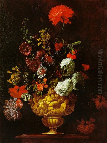 Groser, Dekorativer Blumenstraus In Einer Prunkvase Oil Painting by Antoine Monnoyer