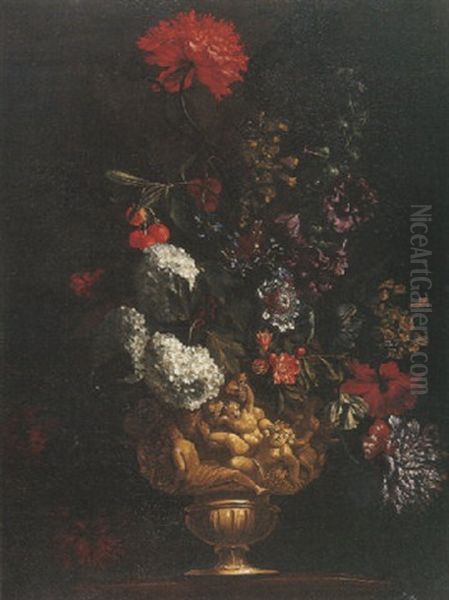 Bouquet De Fleurs Dans Un Vase Sculpte Representant Une Bacchanale Oil Painting by Antoine Monnoyer