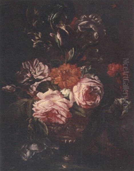 Roses, Carnations, Tulips And Other Flowers In An Urn On A Ledge Oil Painting by Antoine Monnoyer