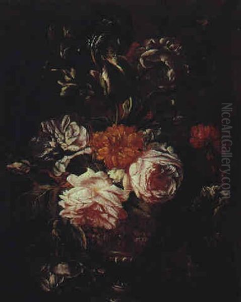 Blumenstraus Von Rosen, Lilien Und Einer Dalie In Einer Prunkvase Oil Painting by Antoine Monnoyer