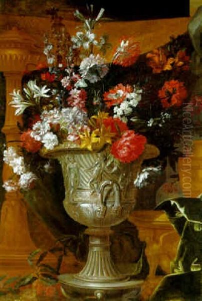 Lilies And Other Flowers In A Silver-gilt Sculpted Urn In Draped Interior Oil Painting by Antoine Monnoyer