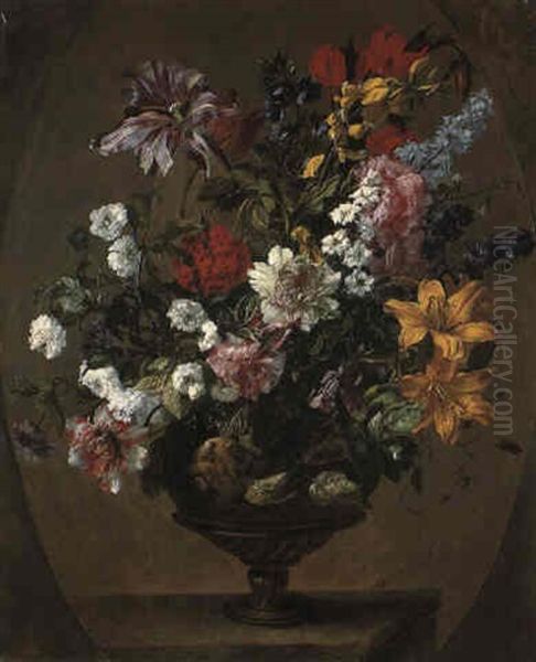 Flowers In A Sculpted Urn On A Pedestal Oil Painting by Antoine Monnoyer