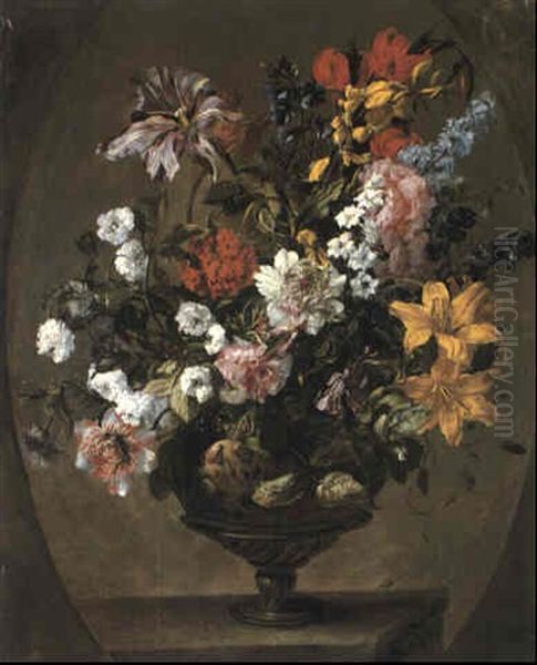 Flowers In A Sculpted Urn On A Pedestal Oil Painting by Antoine Monnoyer