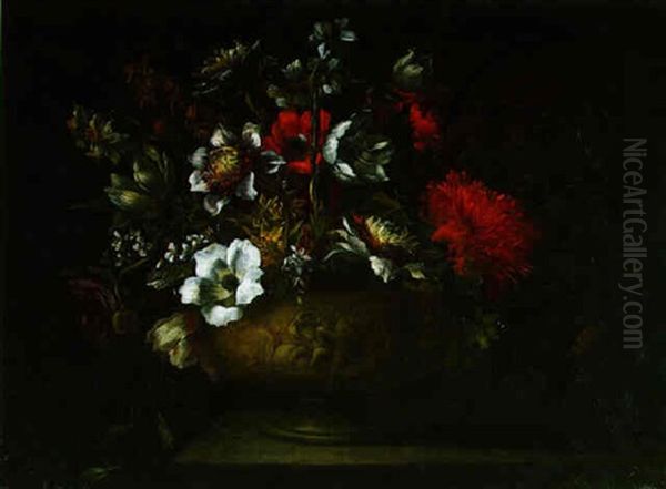 Blumenstrauss In Einer Reliefierten Steinvase Oil Painting by Antoine Monnoyer