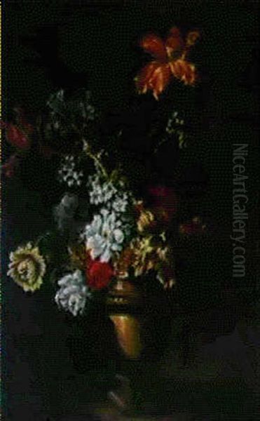 Bouquet De Fleurs Dans Un Vase De Bronze Sur Un Entablement Oil Painting by Antoine Monnoyer