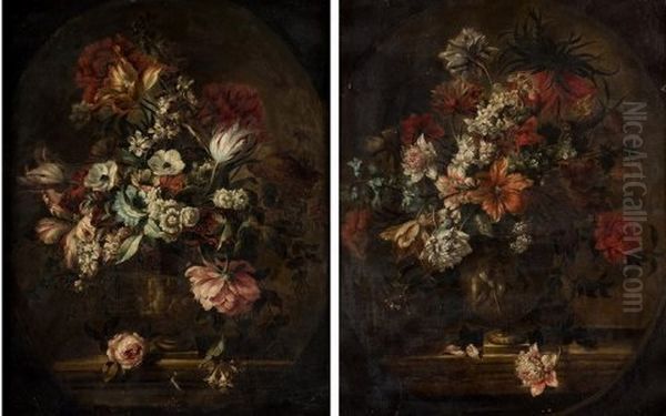 Pareja De Naturalezas Muertas Con Vaso Y Flores Oil Painting by Jean-Baptiste Monnoyer