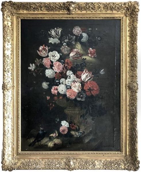 Vase De Fleurs Et Volatiles Oil Painting by Jean-Baptiste Monnoyer