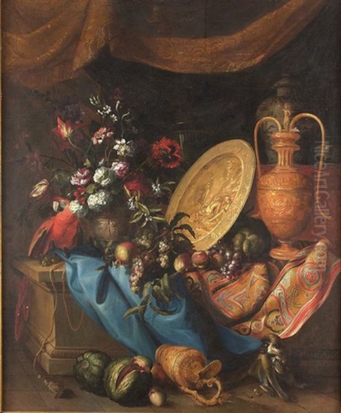 Bodegon De Flores,frutos, Animales Y Objetos Oil Painting by Jean-Baptiste Monnoyer