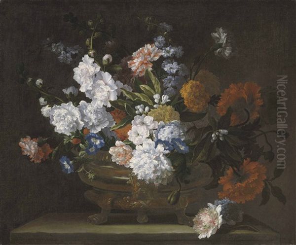 Peonies, Carnations, Poppies And Auriculae In A Bronze Urn On A Stone Ledge Oil Painting by Jean-Baptiste Monnoyer