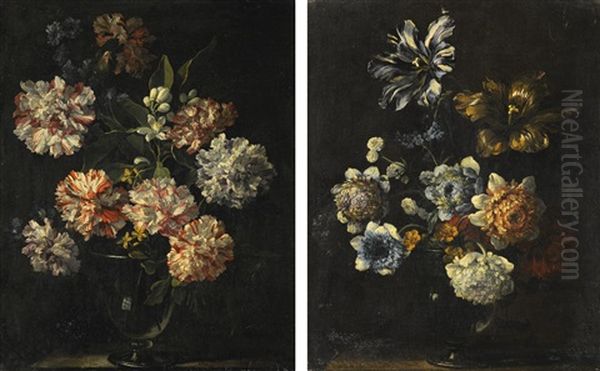 Still Lifes With Carnations, Morning Glory, Zagara And Other Flowers In Glass Vases On Stone Ledges Oil Painting by Jean-Baptiste Monnoyer