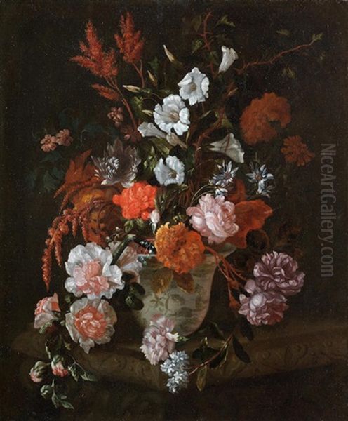 Roses, Carnations, Convolvulus And Other Flowers In A Vase On A Stone Ledge Oil Painting by Jean-Baptiste Monnoyer