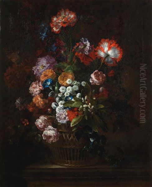 Roses, Convolvulus, Marigolds And Other Flowers In A Basket On A Stone Ledge Oil Painting by Jean-Baptiste Monnoyer