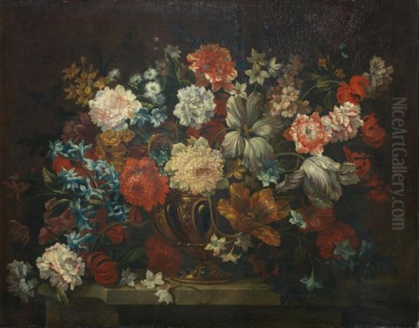 Tulips, Carnations, Narcissi And Other Flowers In A Bronze Urn On A Stone Ledge Oil Painting by Jean-Baptiste Monnoyer