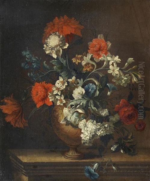 Peonies, Convolvulus, Narcissi And Other Flowers In A Vase On A Stone Ledge Oil Painting by Jean-Baptiste Monnoyer