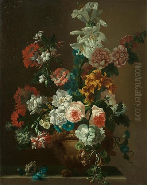 Roses, Lilies, Convolvulus And Other Flowers In An Urn On A Stone Ledge Oil Painting by Jean-Baptiste Monnoyer