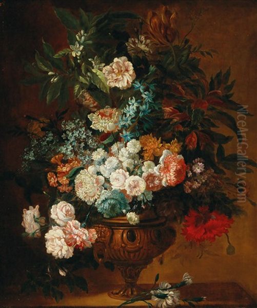 A Still Life Of Summer Flowers In A Bronze Urn Oil Painting by Jean-Baptiste Monnoyer