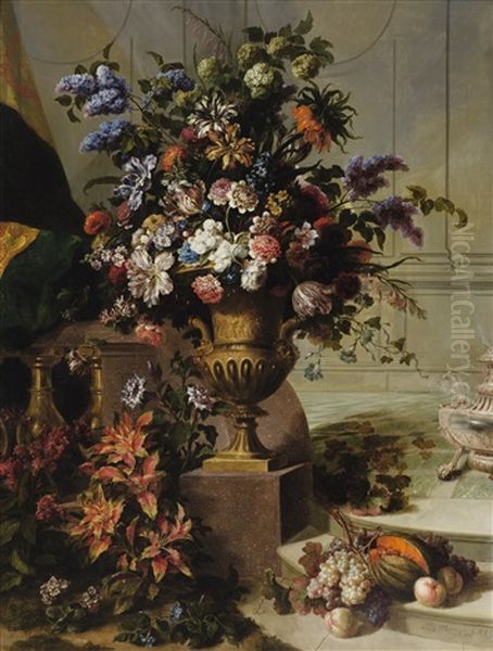 A Bouquet Of Flowers In A Gilded Bronze Urn On A Porphyry Base In An Architectural Setting Oil Painting by Jean-Baptiste Monnoyer