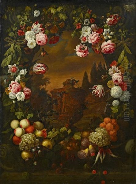 Blumen- Und Fruchtekranz Mit Einer Parklandschaft Oil Painting by Jean-Baptiste Monnoyer