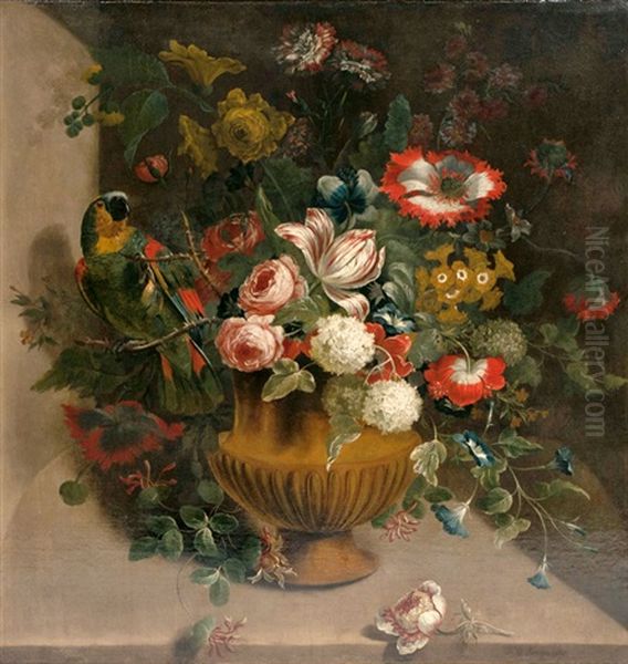 Prachtvolles Blumenarrangement Mit Papagei Oil Painting by Jean-Baptiste Monnoyer