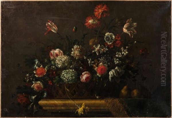 Corbeille De Fleurs Sur Un Entablement Oil Painting by Jean-Baptiste Monnoyer