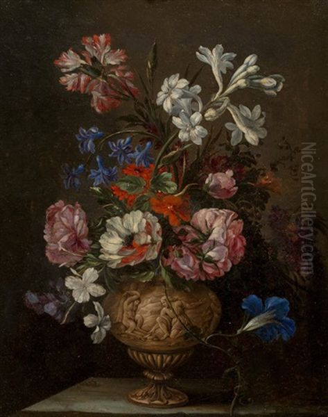 A Still Life Of Roses, Hyacinths, Carnations And Other Flowers In An Oil Painting by Jean-Baptiste Monnoyer