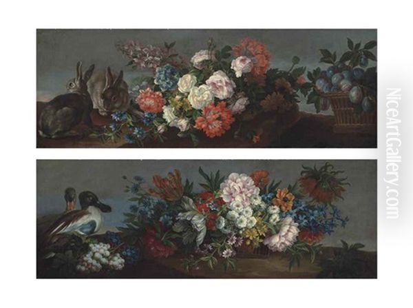 Roses, Tulips, Hyacinths And Other Flowers In A Woven Basket, With Grapes And Two Mallards, In A Landscape; And Roses, Anenomes, Hyacinths And Other Flowers Draped On A Stone, With Plums In A Woven Basket And Two Rabbits In A Landscape - Overdoors Oil Painting by Jean-Baptiste Monnoyer