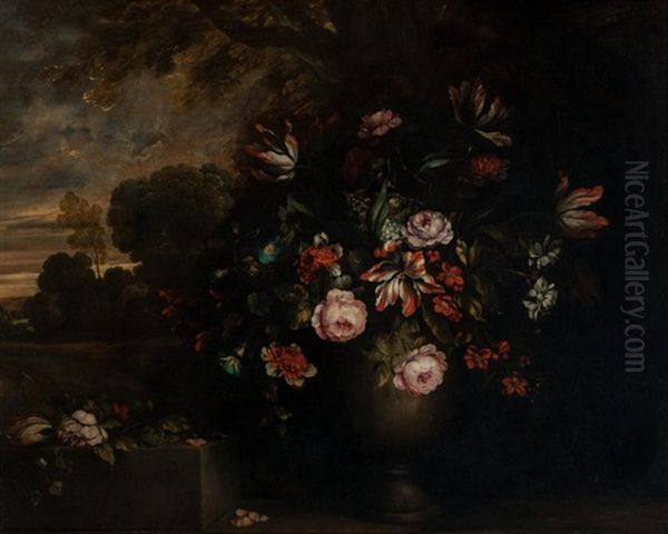 Floral Still Life In A Landscape Oil Painting by Jean-Baptiste Monnoyer