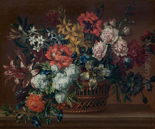 Still-life With Flowers In A Basket On A Stone Plinth Oil Painting by Jean-Baptiste Monnoyer