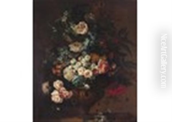 Still Life Of Summer Flowers In An Urn Oil Painting by Jean-Baptiste Monnoyer