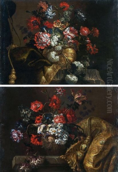 Gegenstucke: Blumenstillleben Mit Draperien Und Quasten Oil Painting by Jean-Baptiste Monnoyer