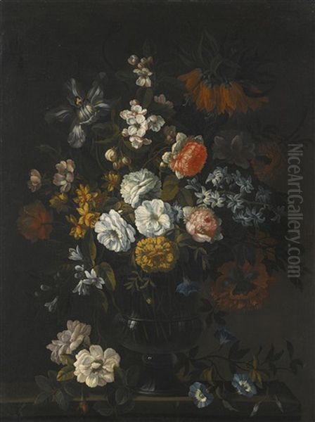 Still Life Of Peonies, Narcissi, An Iris And Other Flowers In A Glass Vase On A Stone Ledge Oil Painting by Jean-Baptiste Monnoyer